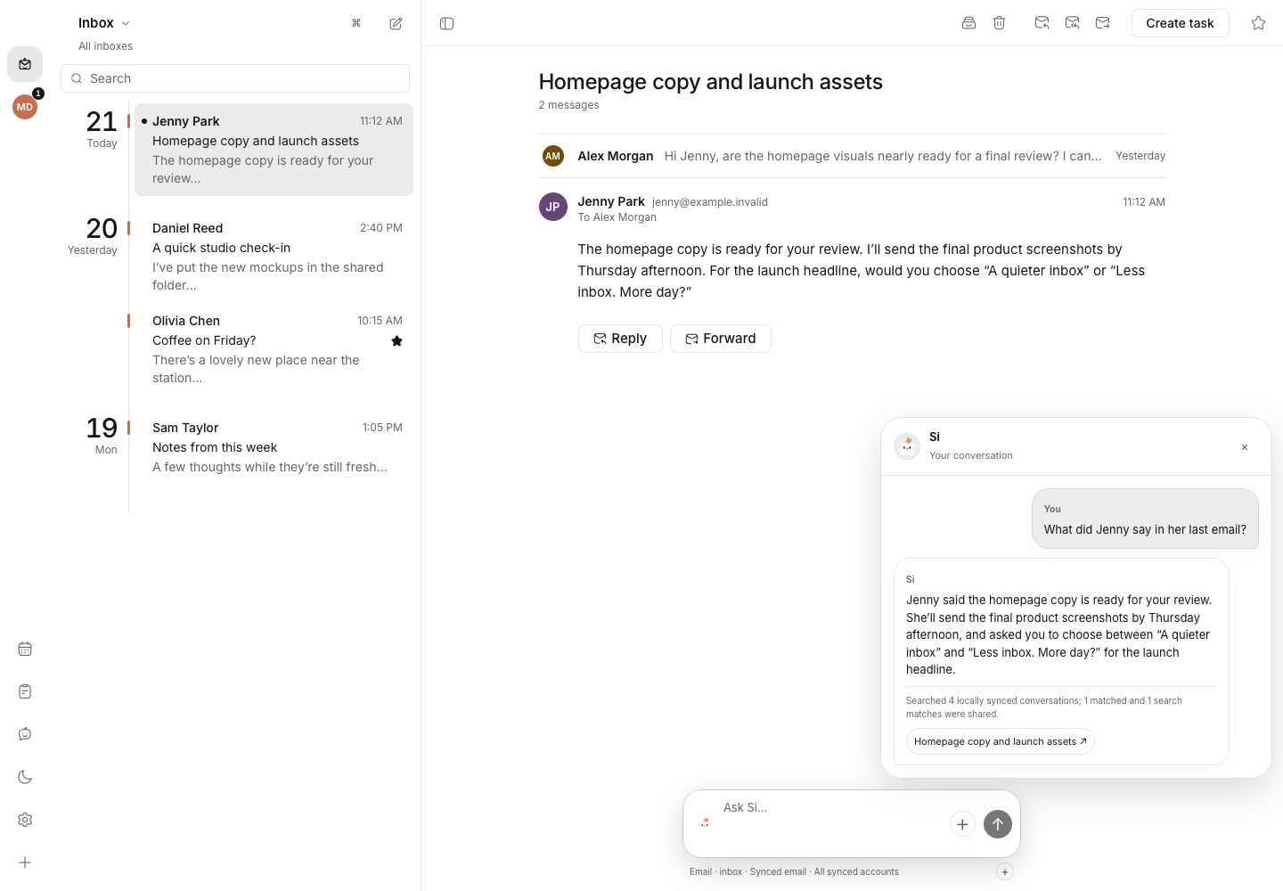 Mailsi’s email view with Si’s floating chat answering a question about Jenny’s latest synthetic email