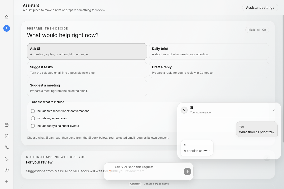 Mailsi’s Assistant showing a compact context-aware glass chat dock and a reviewed response