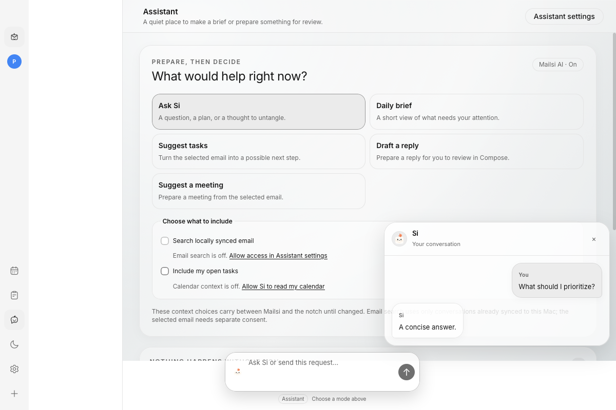 Mailsi’s Assistant with local email search and optional calendar context, preparing responses for review
