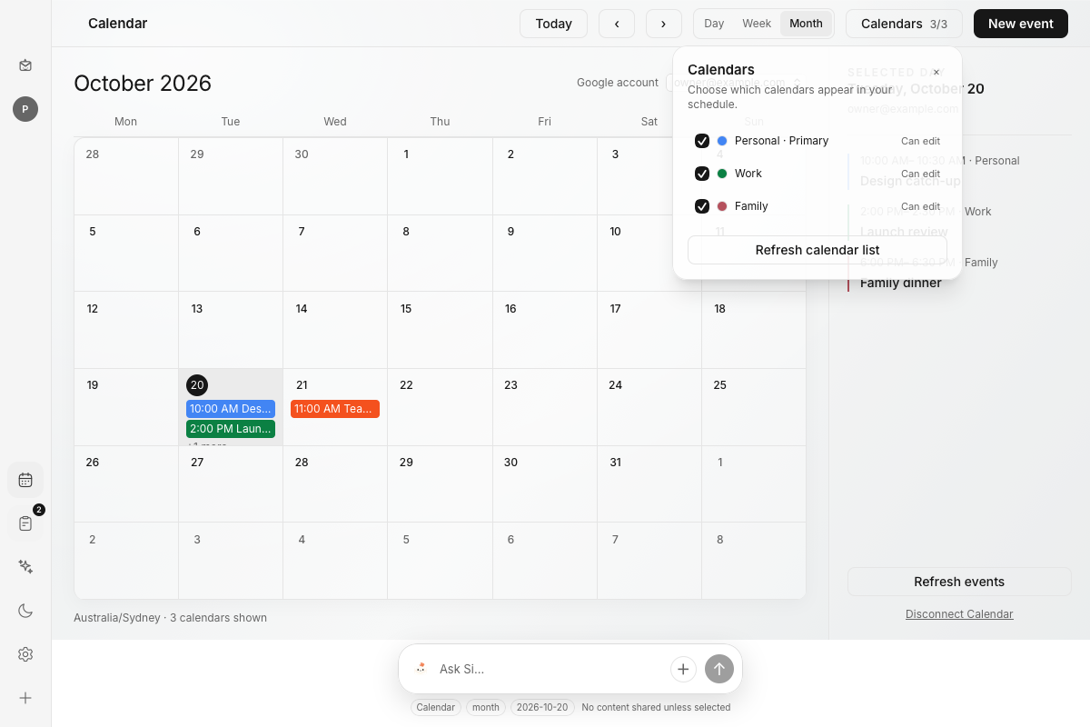 Mailsi’s calendar with Personal, Work and Family calendars, colored events, a selected-day agenda and the compact Si dock