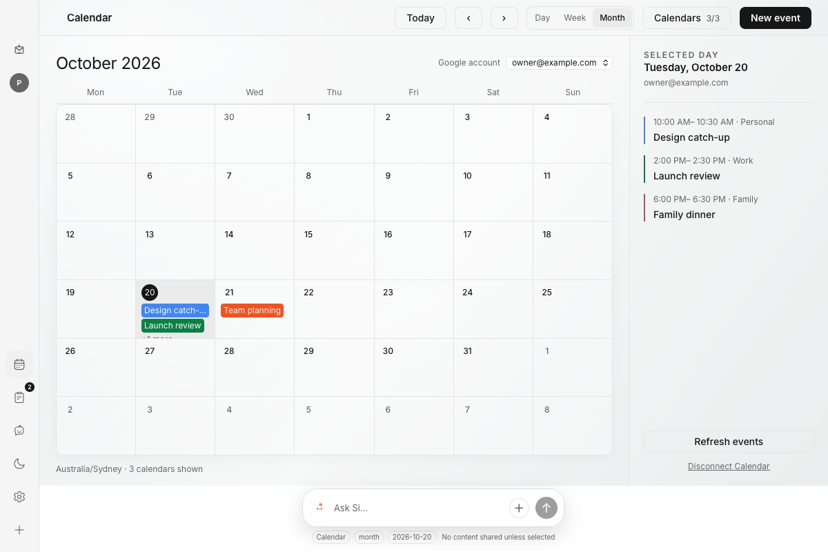 Mailsi’s calendar with Personal, Work and Family calendars, colored events, a selected-day agenda and the compact Si dock