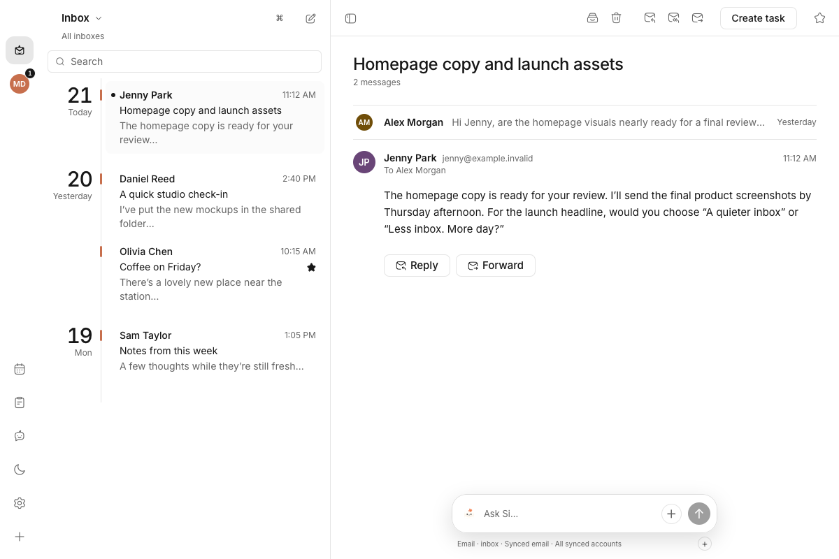 Mailsi’s email view with a unified inbox and a synthetic conversation from Jenny open for reading