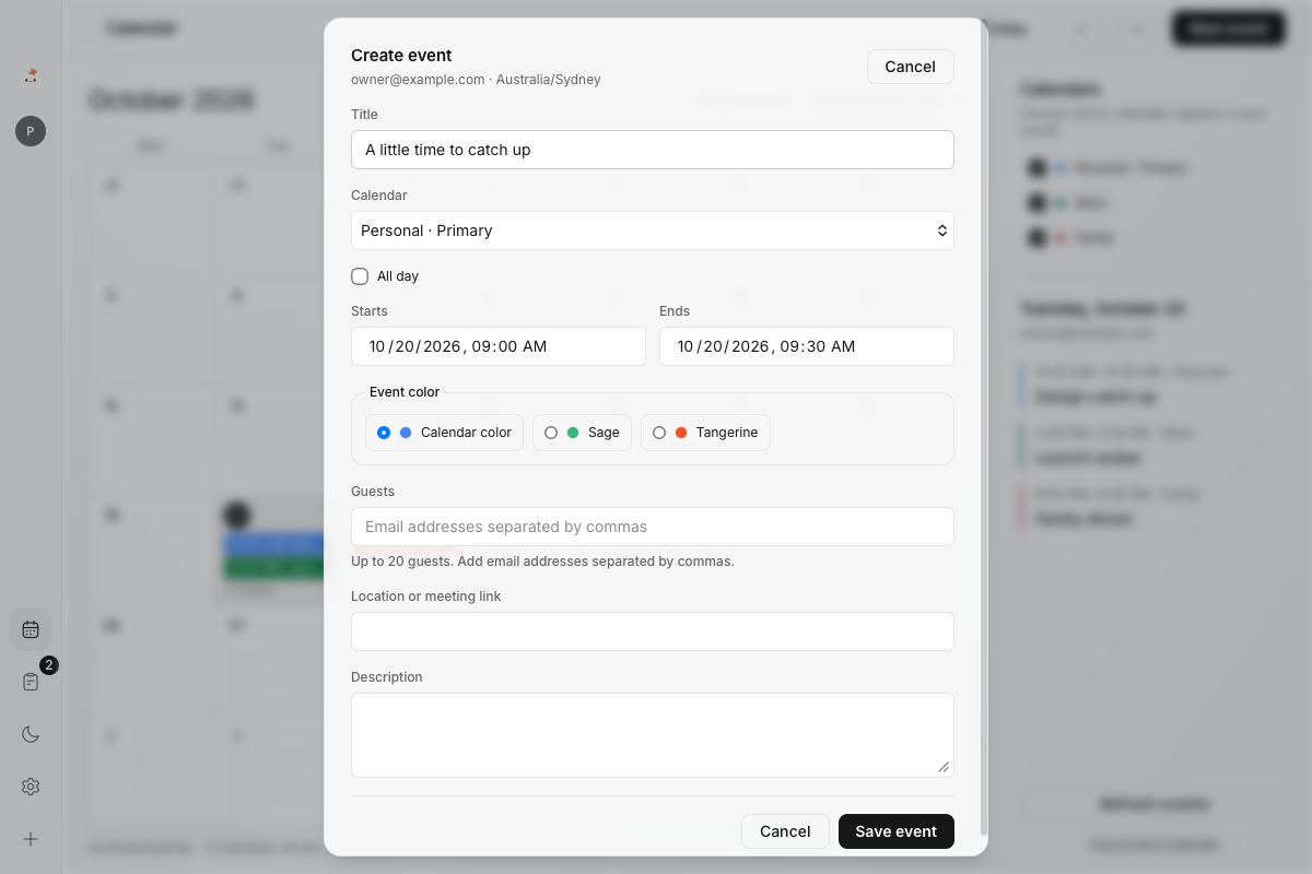 Mailsi’s meeting editor with calendar selection, event colors, dates and guests