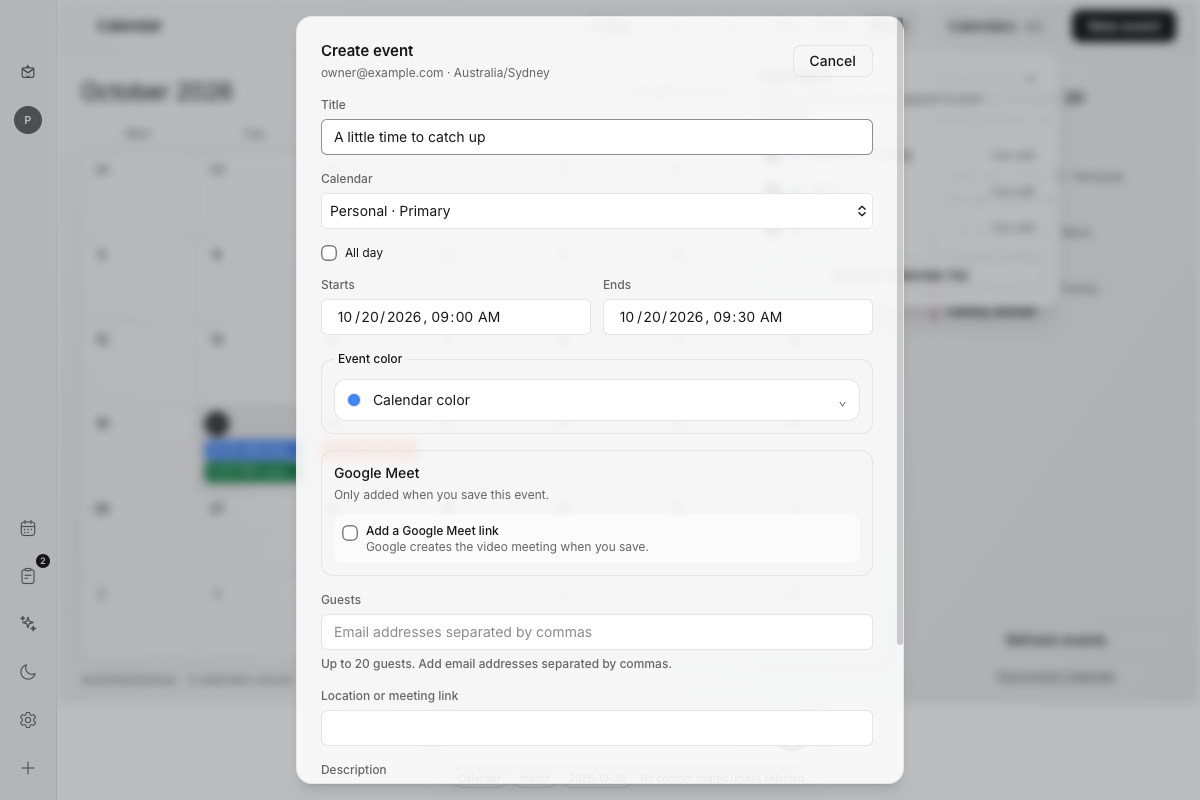 Mailsi’s event editor with calendar selection, event color, optional Google Meet, guests and details