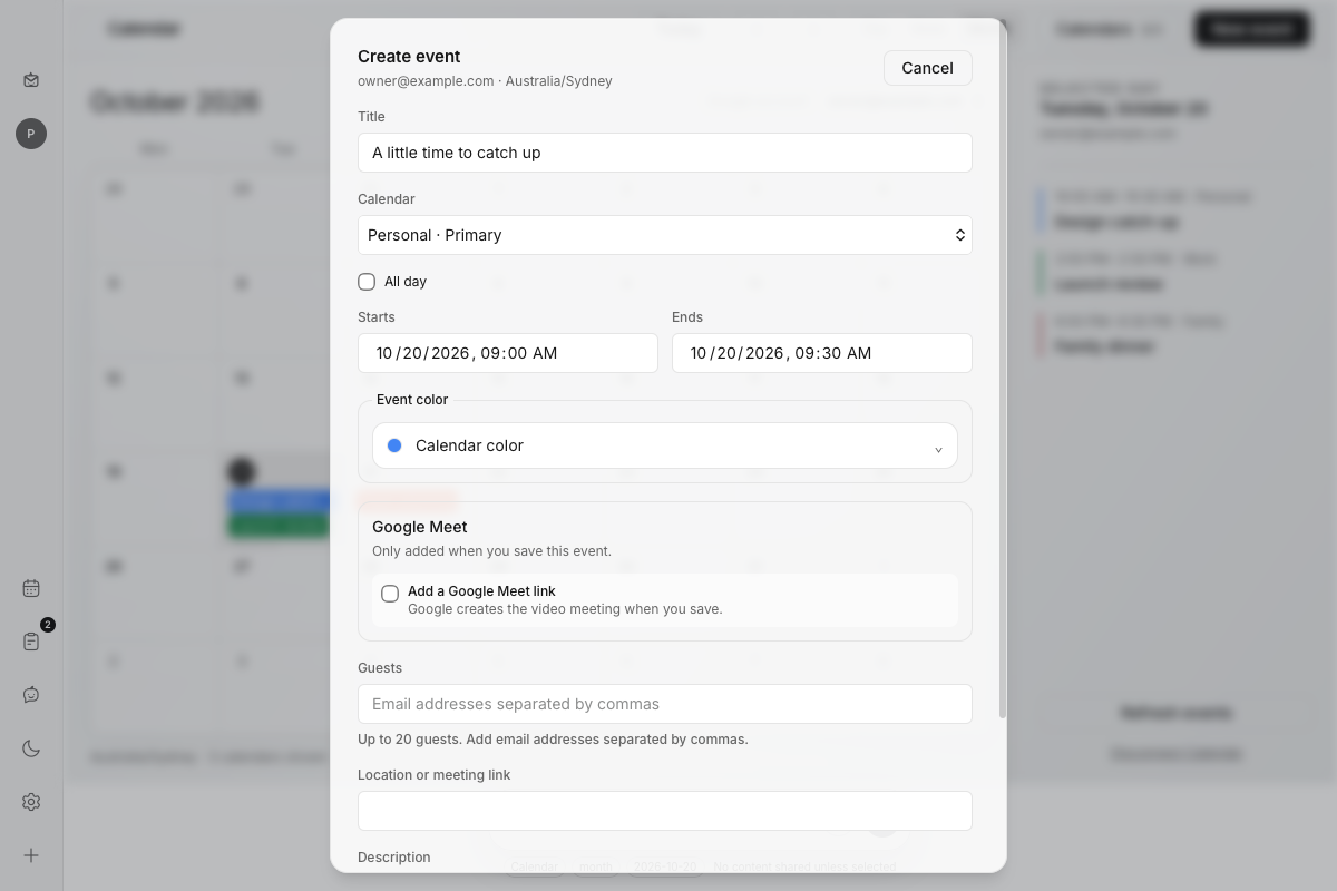 Mailsi’s event editor with calendar selection, event color, optional Google Meet, guests and details