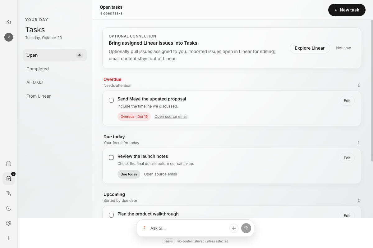 Mailsi Tasks with overdue, due today and upcoming task groups linked to email, with the compact Si dock below the task list