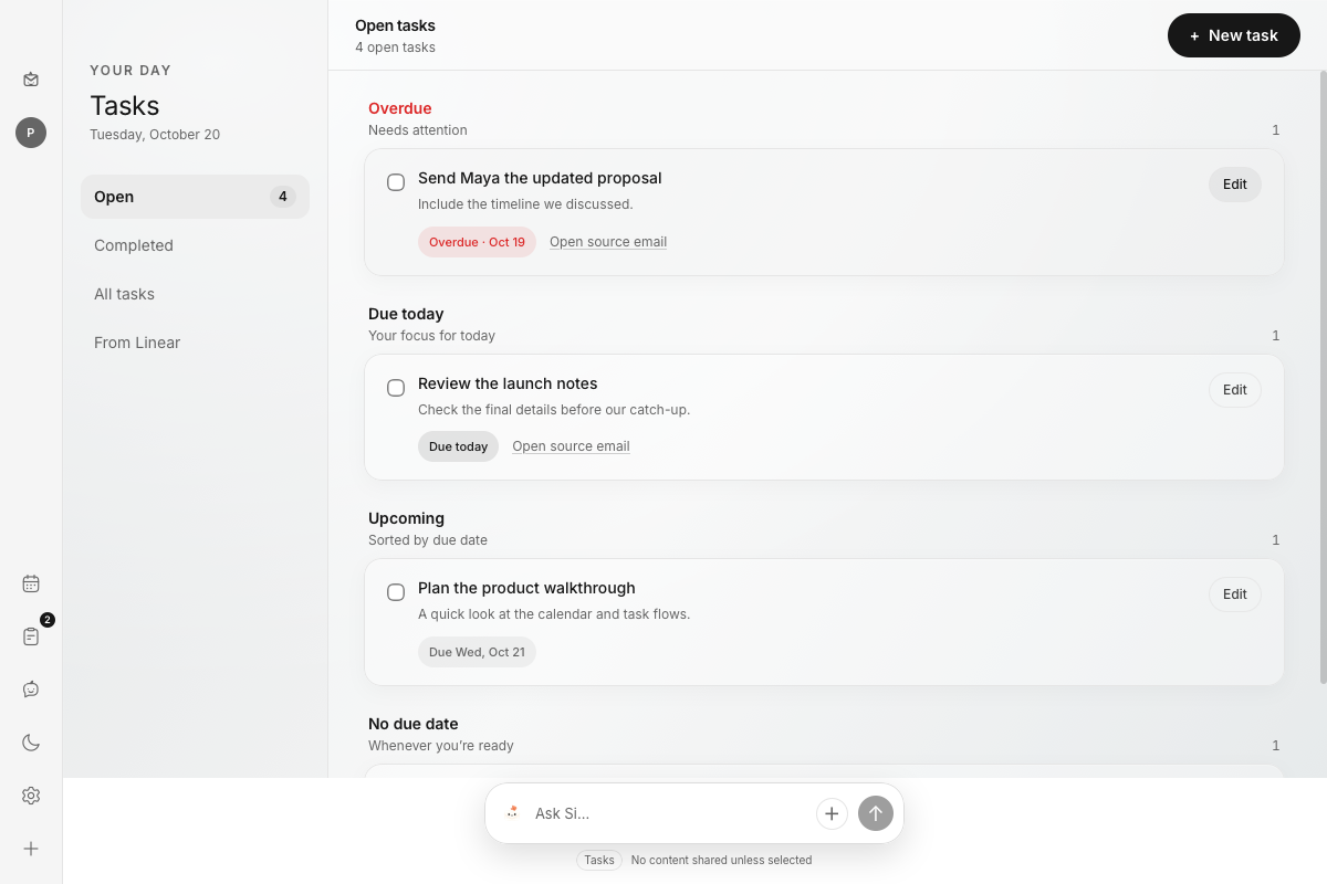 Mailsi Tasks with overdue, due today and upcoming task groups linked to email, with the compact Si dock below the task list